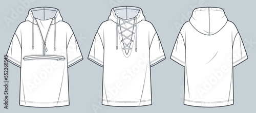 Hooded T-Shirt technical fashion illustration. Oversize Tee Shirt fashion flat technical drawing template, short sleeve, lace-up, zip-up, front and back view, white, women, men, unisex cad mockup set.