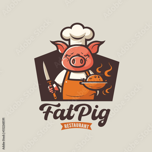 illustration on Pig chef logo mascot for pork grill bbq restaurant branding concept photo