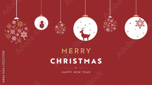 雪の結晶とクリスマスをモチーフにしたオーナメントのクリスマス背景テンプレート（赤）　Christmas background template with snowflakes and Christmas-inspired ornaments (red)