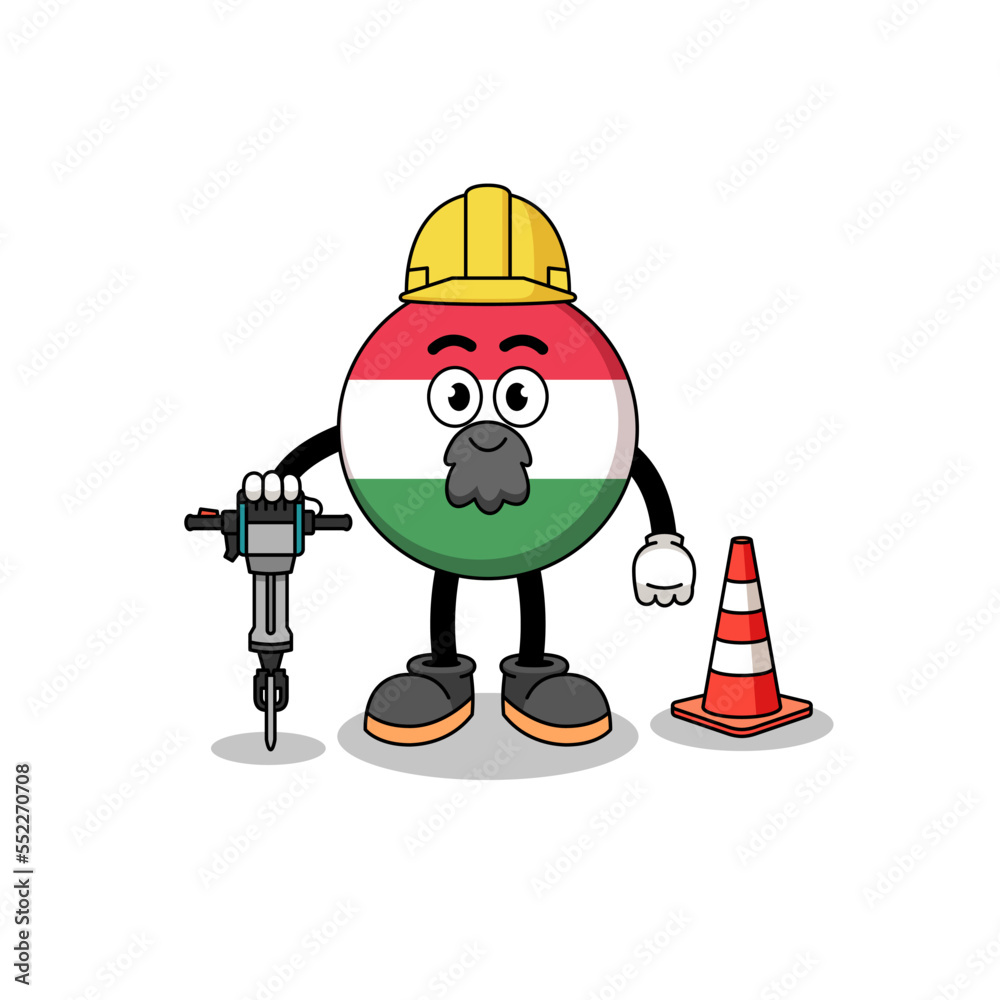 Character cartoon of hungary flag working on road construction Character cartoon of hungary flag working on road construction