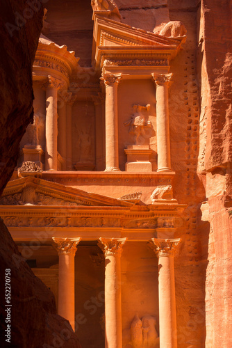 Petra, Jordan frame view of Siq walls and the Treasury, Al Khazneh, one of the new Seven Wonders of the World