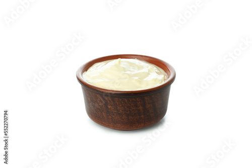 Concept of egg sauce, mayonnaise sauce, isolated on white background