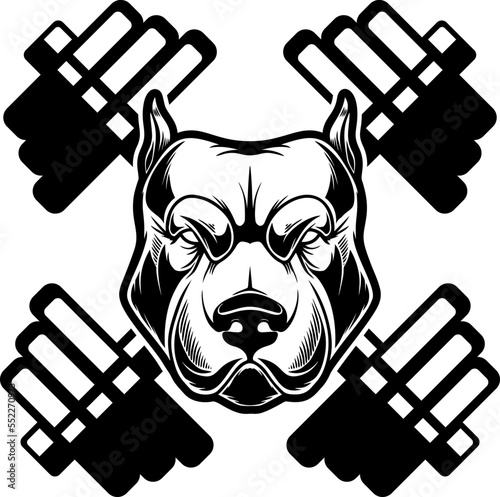 Angry dog head with crossed gym barbells. Design element for logo, sign, emblem. Vector illustration