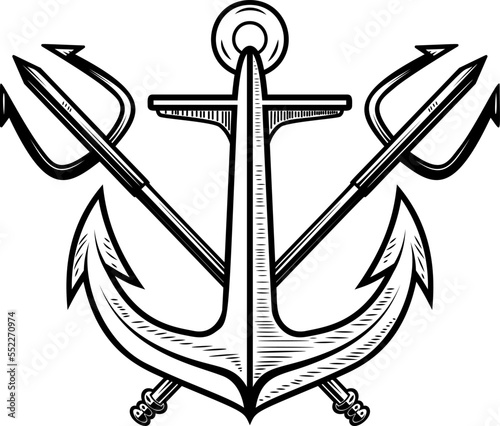 Illustration of sea anchor with crossed tridents. Design element for logo, sign, emblem. Vector illustration