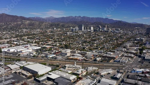 High and wide aerial panning shot of downtown Glendale, California. 4K photo