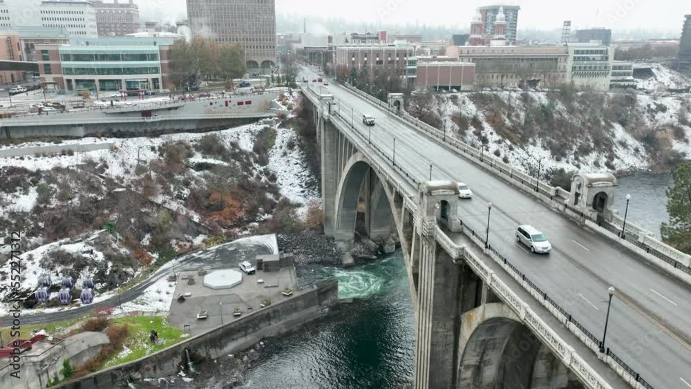 Aerial view of the historic Monroe Street Bridge in Spokane, Washington during winter time. Aerial view of the historic Monroe Street Bridge in Spokane, Washington during winter time.