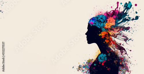 8th March International Women s Day concept with woman silhouette colorful flowers and splashing paint 