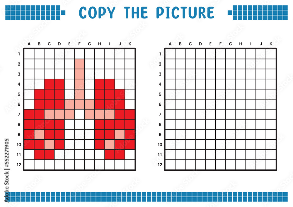 Fototapeta premium Copy the picture, complete the grid image. Educational worksheets drawing with squares, coloring cell areas. Children's preschool activities. Cartoon vector, pixel art. Lung organ symbol illustration.