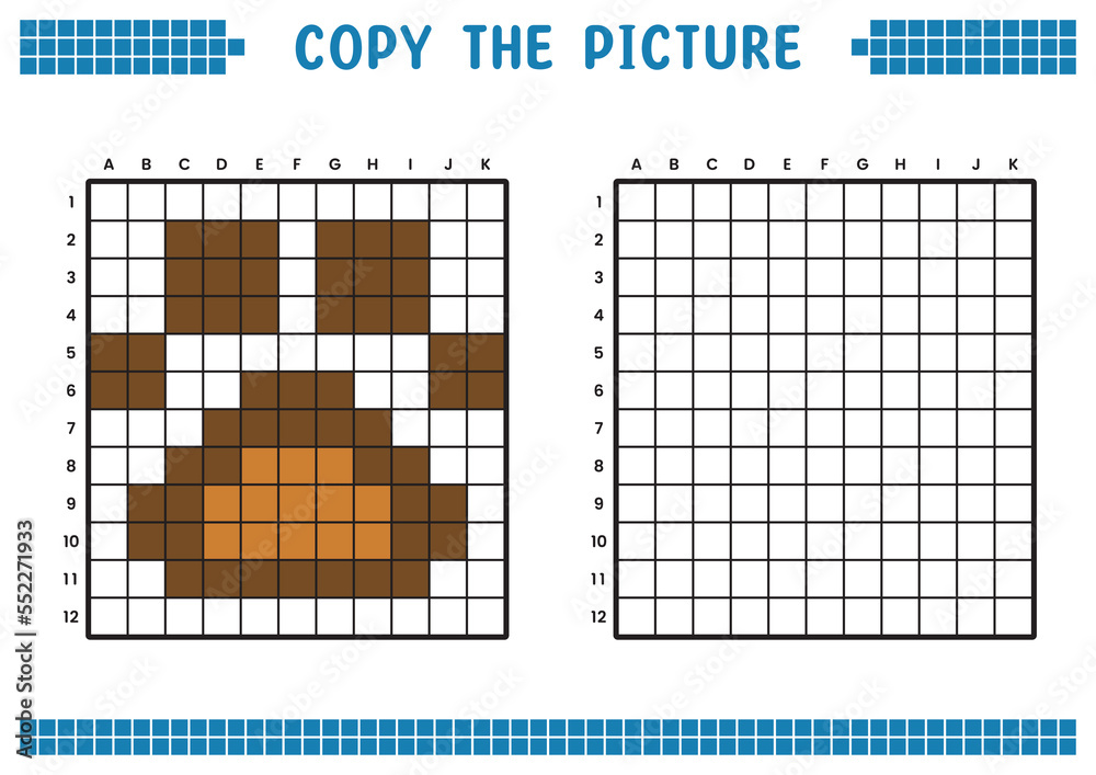 Fototapeta premium Copy the picture, complete the grid image. Educational worksheets drawing with squares, coloring cell areas. Children's preschool activities. Cartoon vector, pixel art. Animal paw symbol illustration.