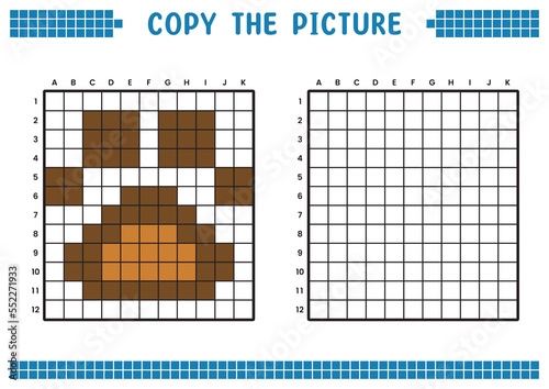 Copy the picture, complete the grid image. Educational worksheets drawing with squares, coloring cell areas. Children's preschool activities. Cartoon vector, pixel art. Animal paw symbol illustration.