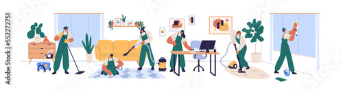 Professional cleaning service. Cleaner, janitors team cleans house. Workers, staff during apartments cleanup with equipment, appliance, detergent. Flat vector illustration isolated on white background