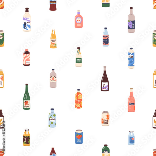 Seamless pattern with soda drinks, fruit lemonades. Endless background, repea...