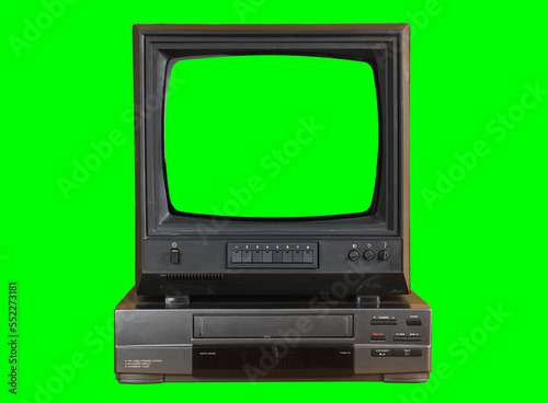 Quadro su tela Old black vintage TV with green screen and VCR from 1980s, 1990s, 2000s isolated on green background