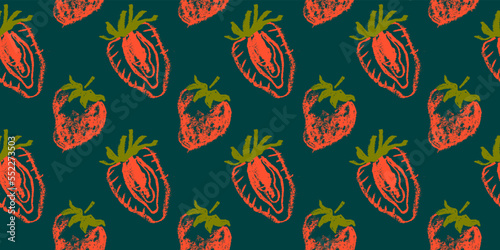 Strawberry pattern seamless, strawberries illustration for fabric ornament and textile design. Hand drawn vector red berry. Juice or jam label design. Color berries background. Strawberry backdrop.