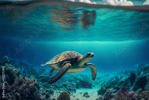 illustration of sea turtle swimming under clean blue ocean water idea concept for environment preservation