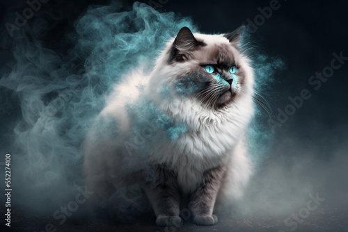 illustration of a serious face fluffy Birman cat appear from smoke , magical moment