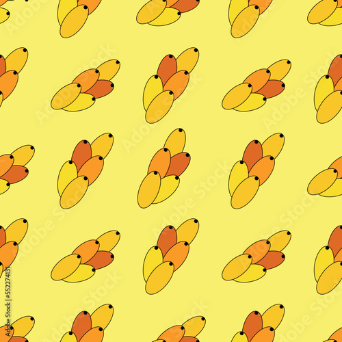 Sea buckthorn seamless pattern. Twigs with berries and leaves. Template with orange fresh berries for wallpaper