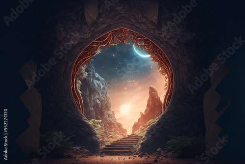 illustration of  ancient rock gate open to other world  other dimension 