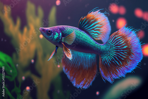 illustration of colorful Betta fish swimming underwater , glitter glow light reflect from scale
