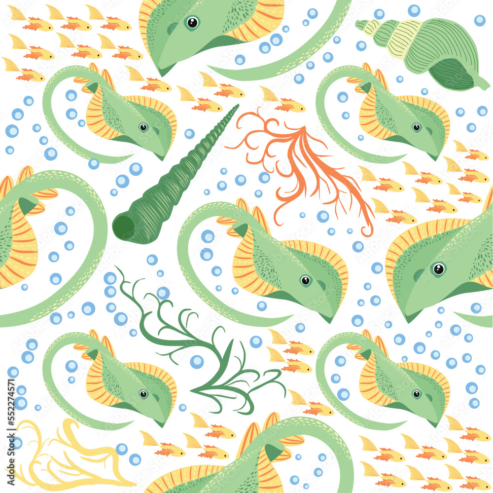 Obraz premium Batomorphi sea life, fish, animals bright seamless pattern. sea travel, snorkeling with animals, tropical fish