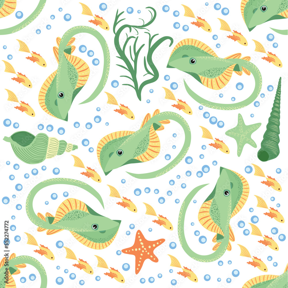 Batomorphi sea life, fish, animals bright seamless pattern. sea travel, snorkeling with animals, tropical fish Batomorphi sea life, fish, animals bright seamless pattern. sea travel, snorkeling with animals, tropical fish