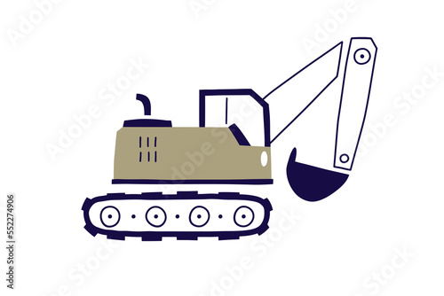 Crawler excavator with bucket, digger in Scandinavian style. Heavy construction transport toy, cute building equipment with stick and dipper. Kids flat vector illustration isolated on white background