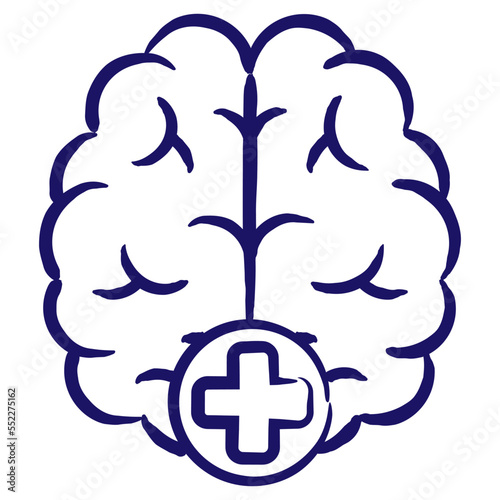 Two hemispheres of the human brain with a plus sign. Minimal vector icon drawn with brush line. Blue linear medical pictogram isolated on transparent background