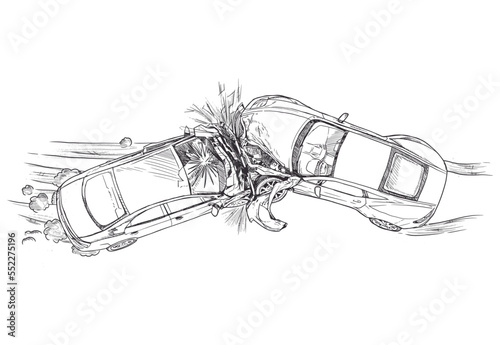 Two cars crash, crashing into each other's front line art style vector illustration. Car crash banner.