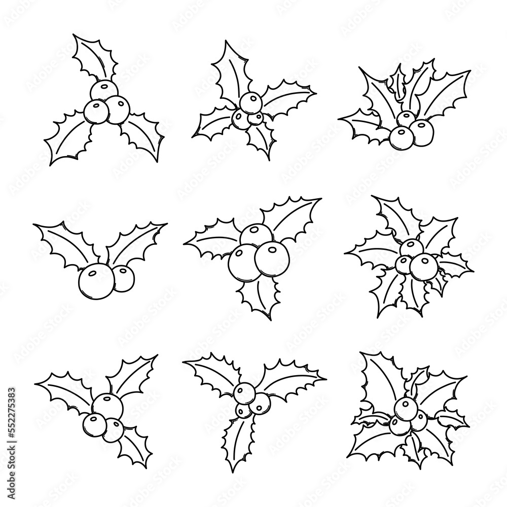 Obraz premium Holly berry Doodle vector icon set. Drawing sketch illustration hand drawn line eps10