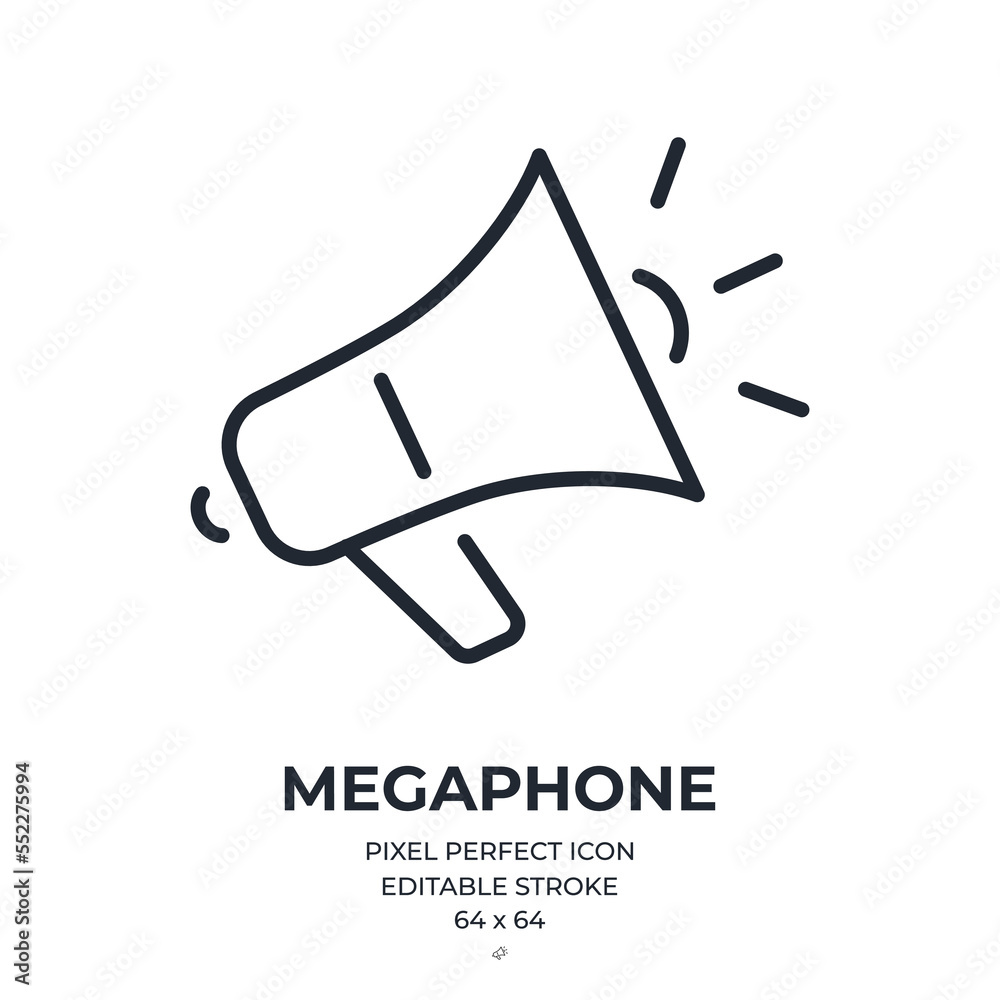 Megaphone and marketing concept editable stroke outline icon isolated on white background flat vector illustration. Pixel perfect. 64 x 64.