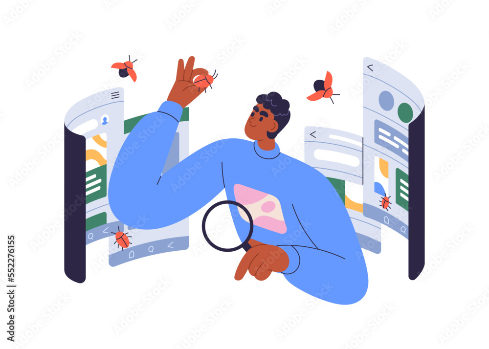 Software testing, quality assurance concept. Program tester checking ...