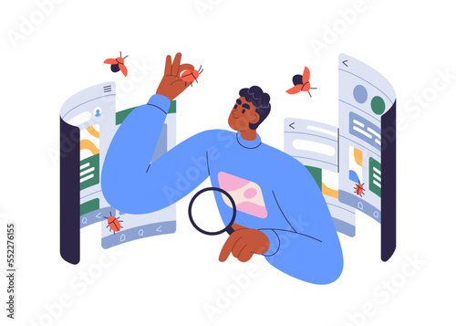 Software testing, quality assurance concept. Program tester checking code for bugs, debugging application. QA engineer finding mistakes at work. Flat vector illustration isolated on white background