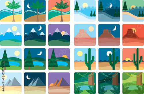 A set of icons with landscapes of different locations in the world. For booklets, posters of a tourist orientation.