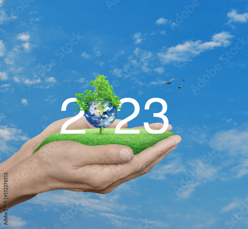 2023 white text with planet and tree on green grass field in hands over blue sky with birds, Happy new year 2023 ecological cover, Save the earth concept, Elements of this image furnished by NASA`