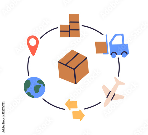 Supply chain management and logistics concept. Global trade, international delivery service, cargo shipment process. SCM and freight scheme. Flat vector illustration isolated on white background