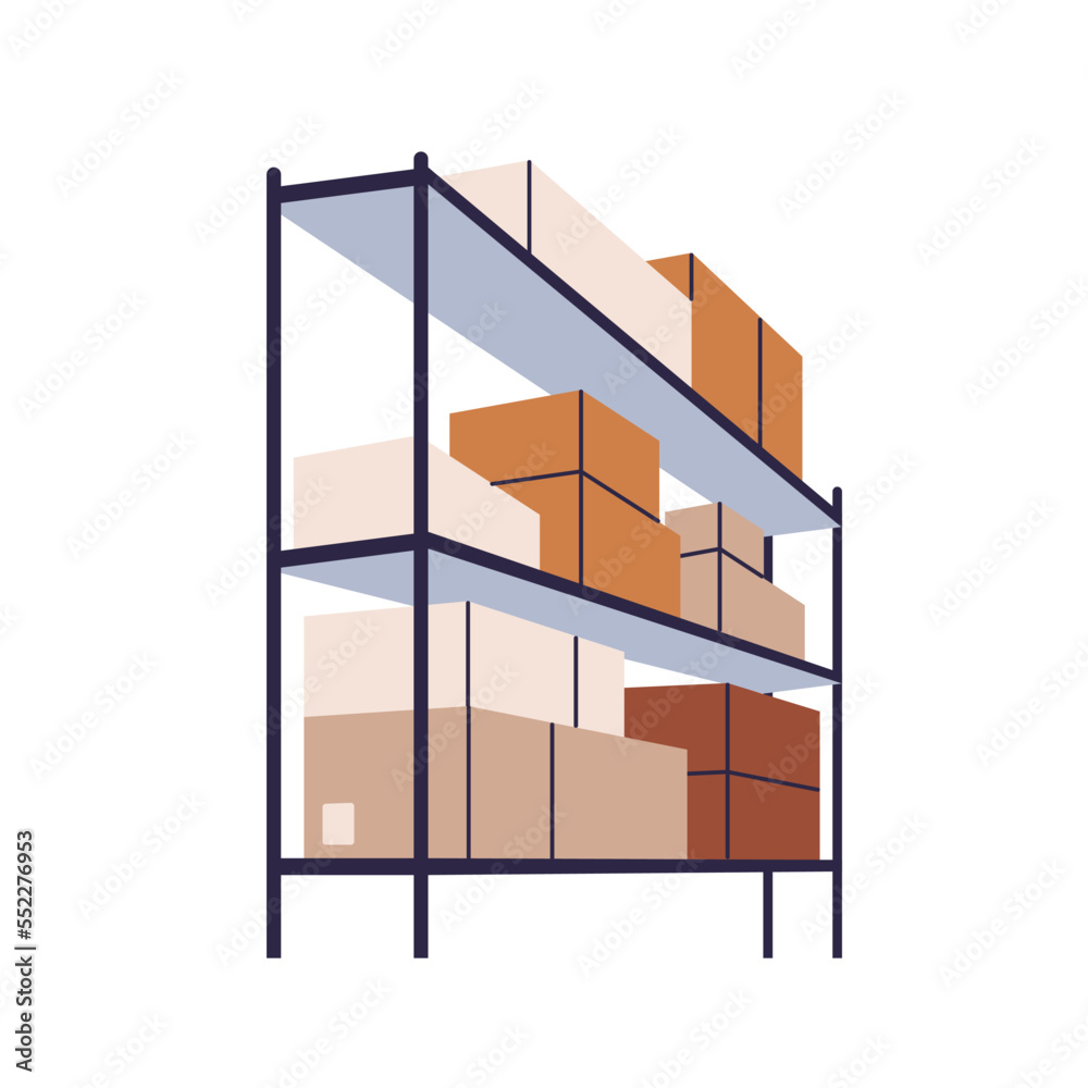 Cardboard boxes stacked on shelf in warehouse. Goods in packages on