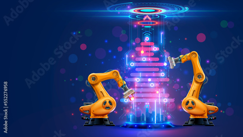 Industry robot decorations christmas tree. Robotic arm on factory on card of christmas holidays. Industrial robots manipulator decorations cyber virtual christmas tree in modern tech style.