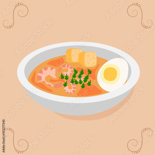 Laksa. Malaysian cuisine. National soup with seafood. Asian food.