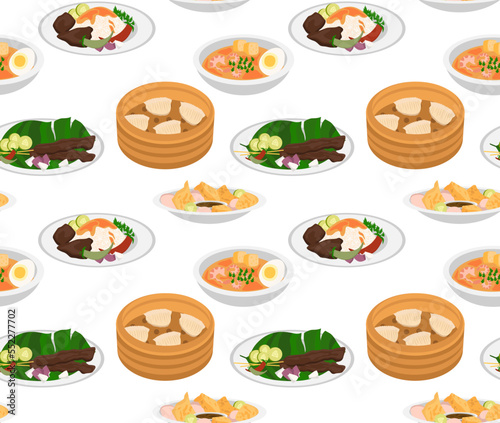 Dim Sum, Laksa, Sate, Royak, Nasi Kandar, Chuchur Pisang. Malaysian food. Vector seamless pattern