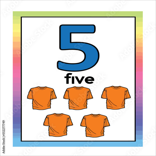Coloring page - Numbers. Education and fun for children's. Baby first numbers - colorize and count. Printable worksheet - 05 five with t-shirt
