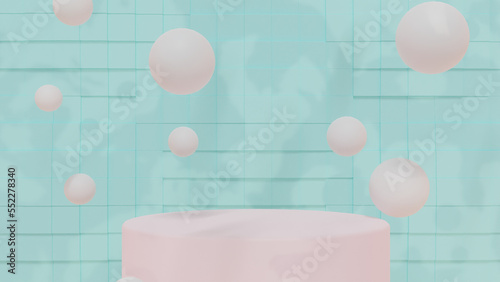 Scène 3D, socle pour showcase de produit avec sphères, bleu clair, élégant minimaliste