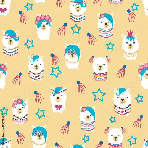 Seamless pattern with llama, alpaca faces. Cute drawings of llama head with hearts, inscription, mountains, cacti, star, dreamcatcher