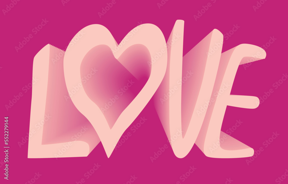Love 3d text effect. Valentine card template. Volumetric lettering
