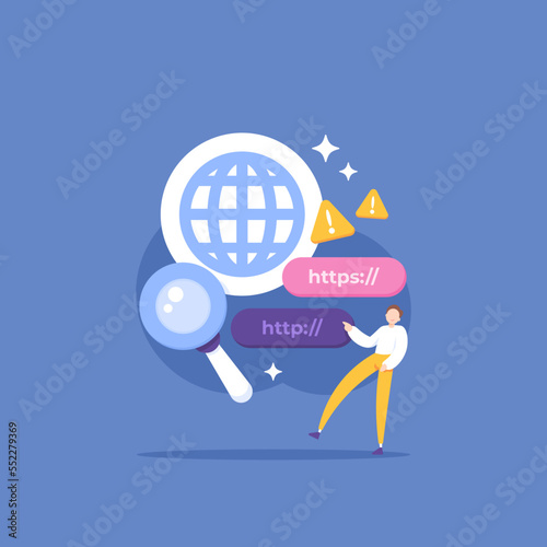 link security checker, website check and analysis. A user uses a magnifying glass to see if a website is safe or dangerous. prevention, tracing safe, secure. illustration concept design. element