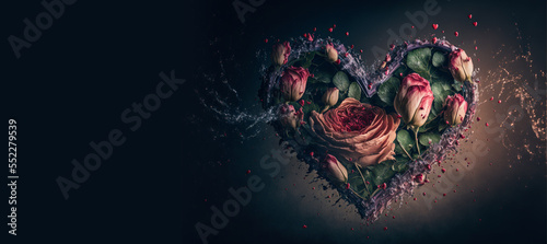 Valentines Heart with Roses on Black Background