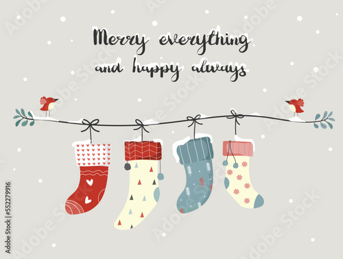 Winter sock in snow forest, Design for baby cards,Merry christmas,Vector illustrations.