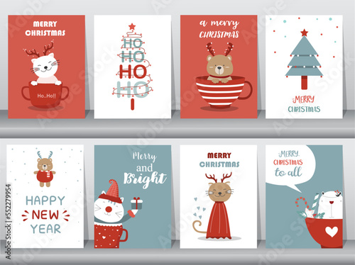 Set of cute Merry christmas  background with cute animal,Lovely cartoon background with holiday symbols,Vector illustrations.