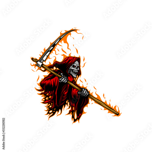 Death with scythe. Halloween horror character, scary Grim Reaper sticker, isolated vector spooky death skeleton with saliva on sharp teeth, wearing flaming red fire cape and holding scythe
