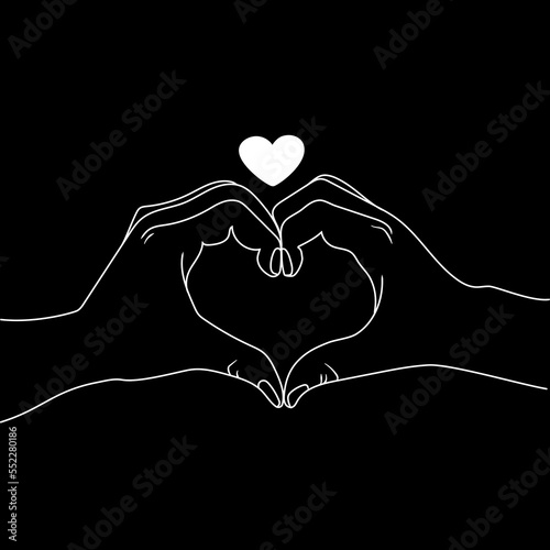 Two hands making heart sign Minimal art white line drawing on black background vector illustration. Valentine's day concept.Romanic design element pair of hands in heart shape for print,poster,icon