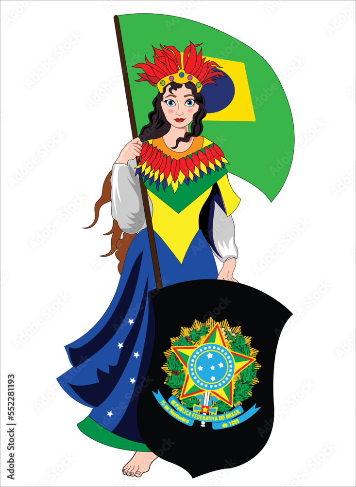 Brazil girl holding flag and shield vector illustration